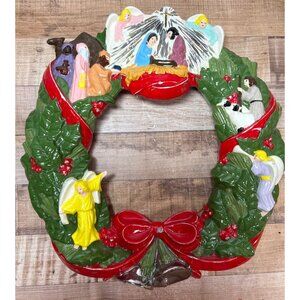 Hand Painted Ceramic Nativity Christmas Wreath Decoration Angels Holy Family 3D